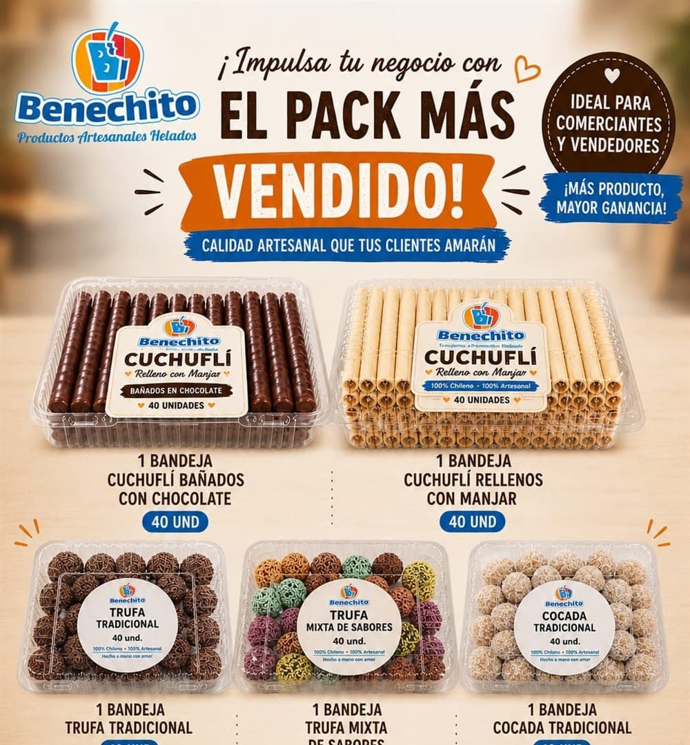 Pack Benechito para comerciantes: bandejas de cuchuflís, trufas y cocadas